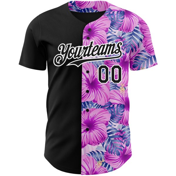 Custom Pink Black-White 3D Pattern Design Tropical Flower And Hawaii Palm Leaves Authentic Baseball Jersey - Image 2