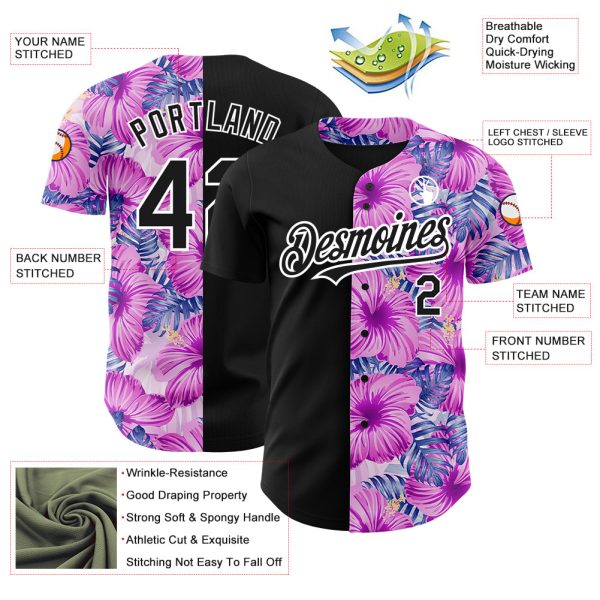 Custom Pink Black-White 3D Pattern Design Tropical Flower And Hawaii Palm Leaves Authentic Baseball Jersey - Image 3