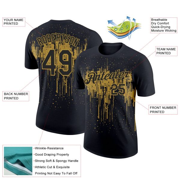 Custom Black Old Gold 3D Pattern Design Dripping Splatter Art Performance T-Shirt - Image 2