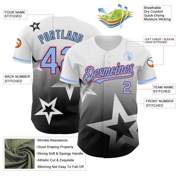 Custom White Light Blue Black-Pink 3D Pattern Design Gradient Style Twinkle Star Authentic Baseball Jersey - Image 3