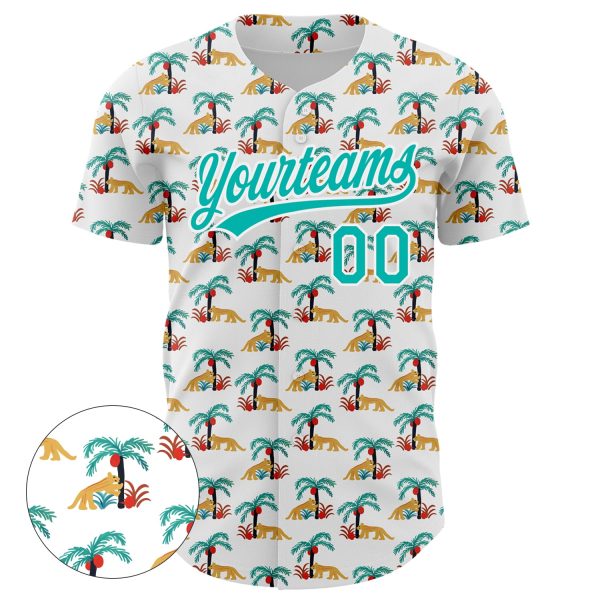 Custom White Aqua 3D Pattern Design Animal Leopard And Hawaii Palm Trees Authentic Baseball Jersey - Image 2