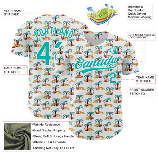 Custom White Aqua 3D Pattern Design Animal Leopard And Hawaii Palm Trees Authentic Baseball Jersey - Image 3