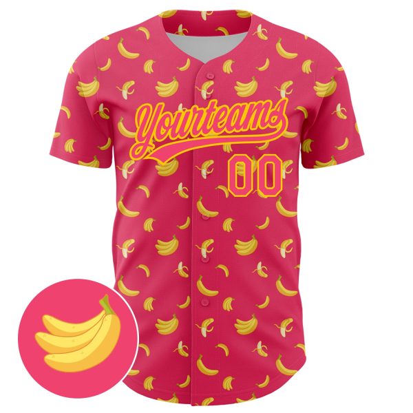 Custom Neon Pink Yellow 3D Pattern Design Fruit Banana Authentic Baseball Jersey - Image 2