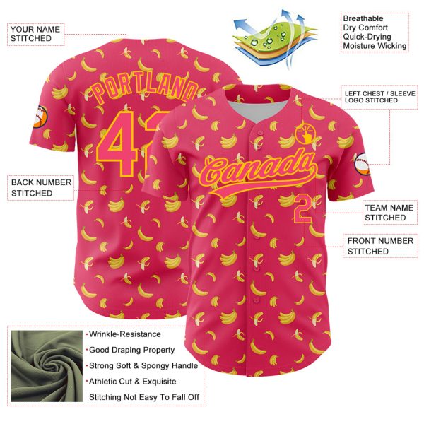 Custom Neon Pink Yellow 3D Pattern Design Fruit Banana Authentic Baseball Jersey - Image 3