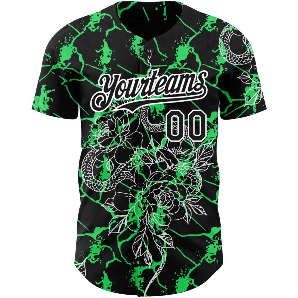 Custom Black Neon Green-White 3D Pattern Design Animal Snake Authentic Baseball Jersey - Image 2