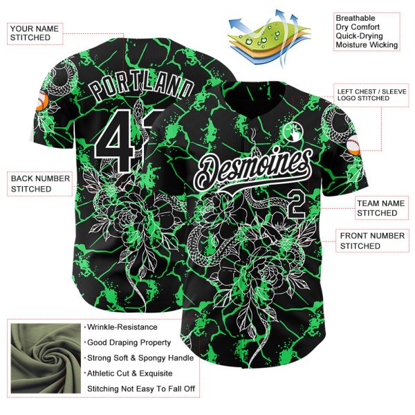 Custom Black Neon Green-White 3D Pattern Design Animal Snake Authentic Baseball Jersey - Image 3