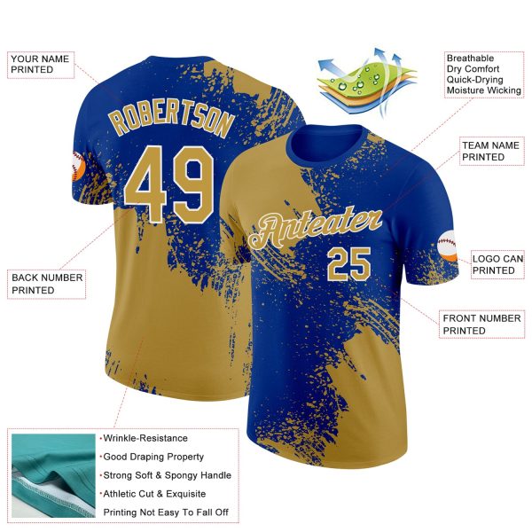 Custom Old Gold Royal-White 3D Pattern Design Abstract Brush Stroke Performance T-Shirt - Image 2