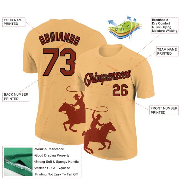 Custom Gold Crimson-Black 3D Pattern Design Cowboy Rodeo Performance T-Shirt - Image 2