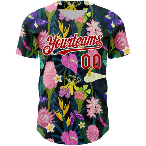 Custom Black Red-White 3D Pattern Design Tropical Anthurium Flower Authentic Baseball Jersey - Image 2
