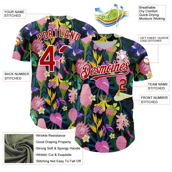 Custom Black Red-White 3D Pattern Design Tropical Anthurium Flower Authentic Baseball Jersey - Image 3