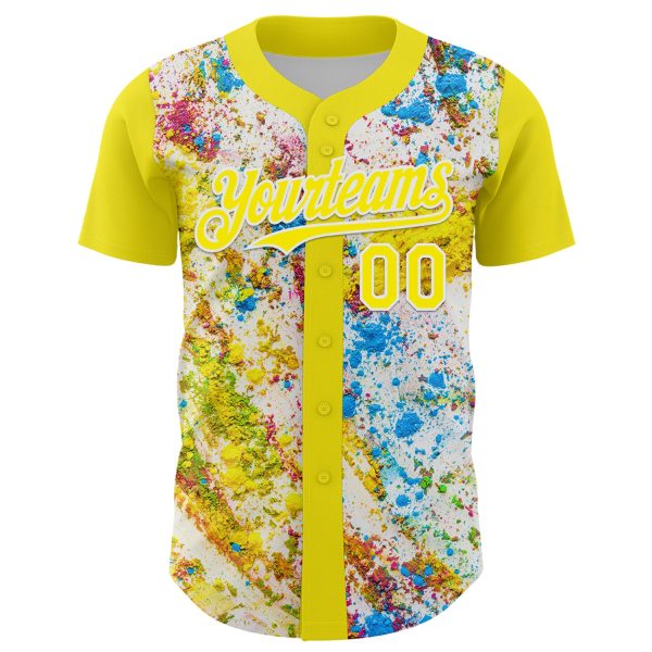 Custom Light Yellow White 3D Pattern Design Abstract Splatter Art Authentic Baseball Jersey - Image 2