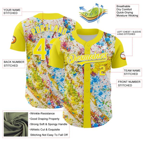 Custom Light Yellow White 3D Pattern Design Abstract Splatter Art Authentic Baseball Jersey - Image 3