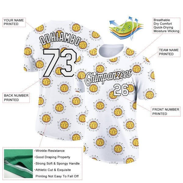 Custom White Black 3D Pattern Design Food Pizza Performance T-Shirt - Image 2