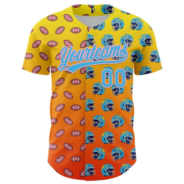 Custom Light Yellow Sky Blue Orange-Medium Pink 3D Pattern Design Football Helmet And Football Elements Authentic Baseball Jersey - Image 2