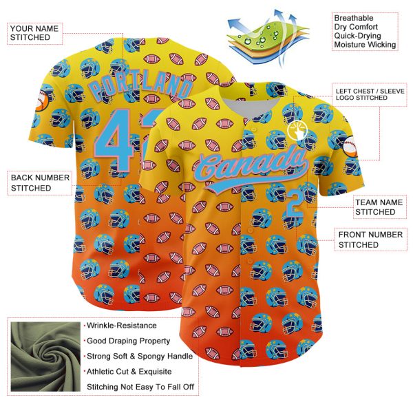 Custom Light Yellow Sky Blue Orange-Medium Pink 3D Pattern Design Football Helmet And Football Elements Authentic Baseball Jersey - Image 3