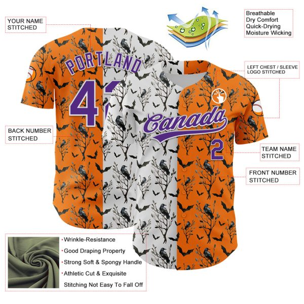 Custom Bay Orange Purple-White 3D Pattern Halloween Authentic Baseball Jersey - Image 3
