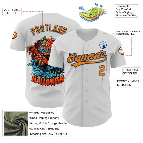 Custom White Bay Orange-US Navy Blue 3D Pattern Halloween Authentic Baseball Jersey - Image 3