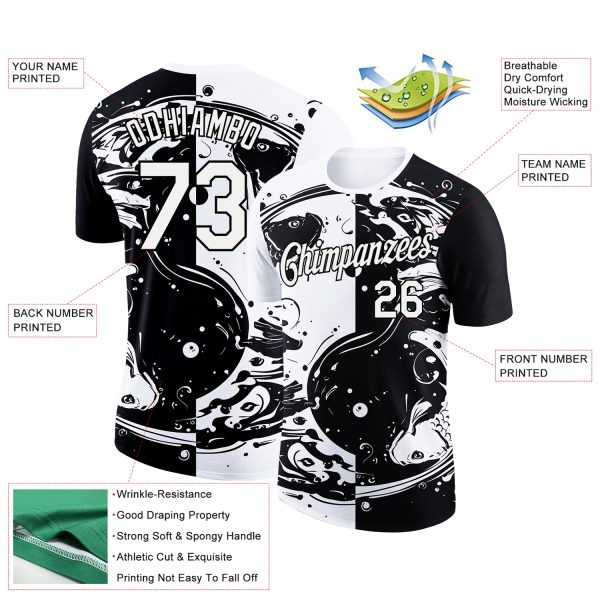 Custom Black White 3D Pattern Design Fishing Yin Yang Symbol With Swirling Fish Performance T-Shirt - Image 3