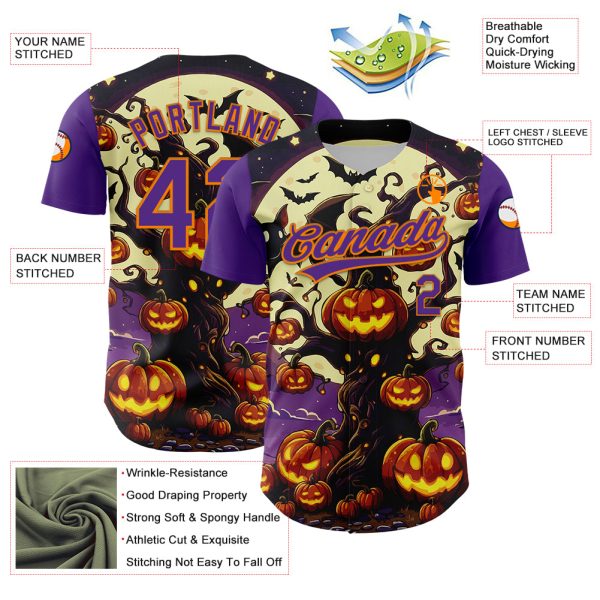 Custom Purple Bay Orange 3D Halloween Authentic Baseball Jersey - Image 3