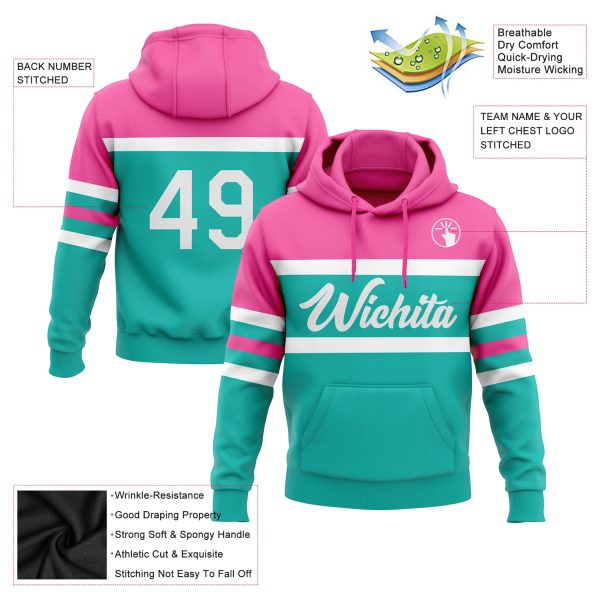 Custom Stitched Aqua White-Pink Line Sports Pullover Sweatshirt Hoodie - Image 2