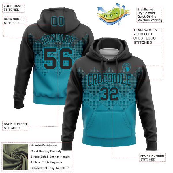 Custom Stitched Black Teal 3D Pattern Design Gradient Square Shape Sports Pullover Sweatshirt Hoodie - Image 2