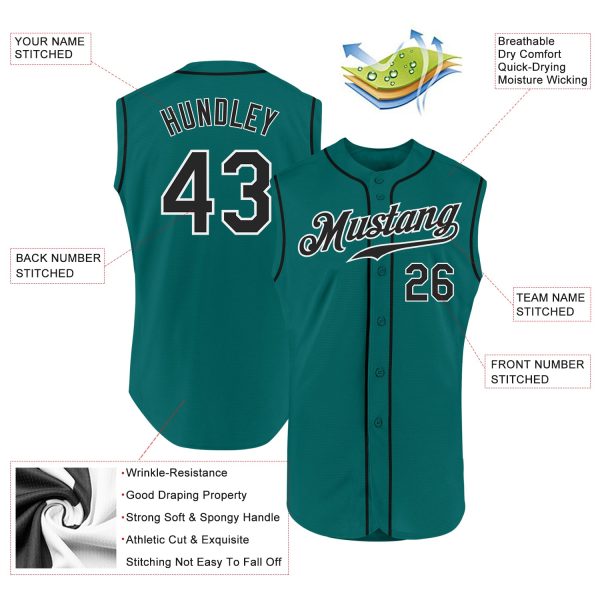 Custom Aqua Black-White Authentic Sleeveless Baseball Jersey - Image 2