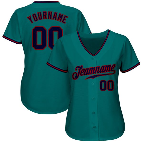 Custom Teal Navy-Red Authentic Baseball Jersey - Image 2