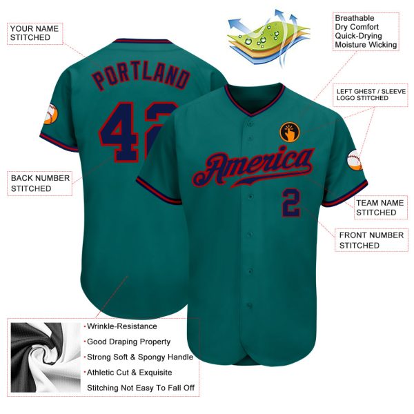 Custom Teal Navy-Red Authentic Baseball Jersey - Image 3