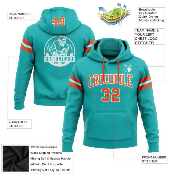 Custom Stitched Aqua Orange-White Football Pullover Sweatshirt Hoodie - Image 2