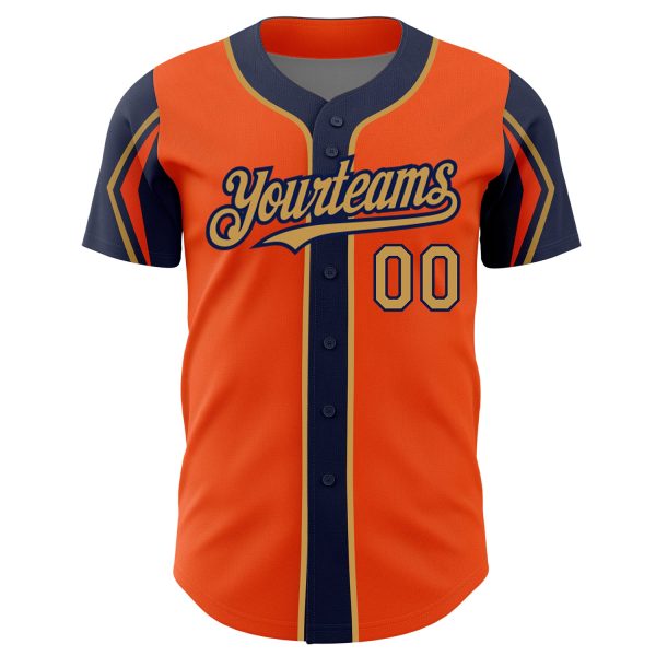 Custom Orange Old Gold-Navy 3 Colors Arm Shapes Authentic Baseball Jersey - Image 3