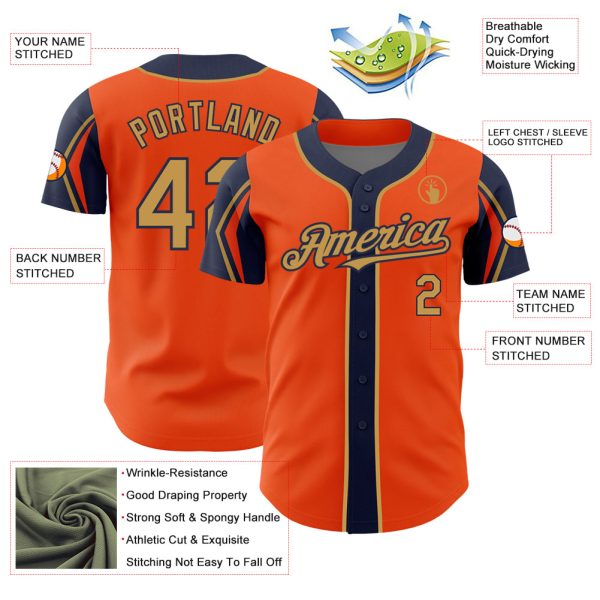 Custom Orange Old Gold-Navy 3 Colors Arm Shapes Authentic Baseball Jersey - Image 4
