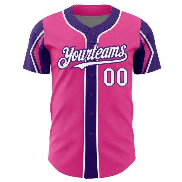 Custom Pink White-Purple 3 Colors Arm Shapes Authentic Baseball Jersey - Image 3