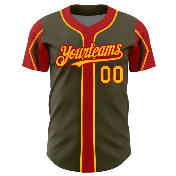 Custom Olive Gold-Red 3 Colors Arm Shapes Authentic Salute To Service Baseball Jersey - Image 3