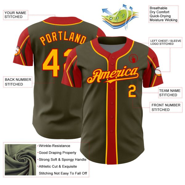 Custom Olive Gold-Red 3 Colors Arm Shapes Authentic Salute To Service Baseball Jersey - Image 4