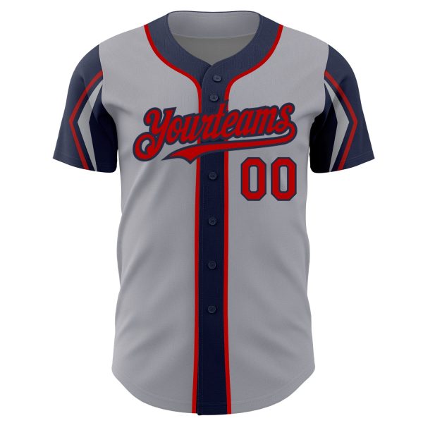 Custom Gray Red-Navy 3 Colors Arm Shapes Authentic Baseball Jersey - Image 3