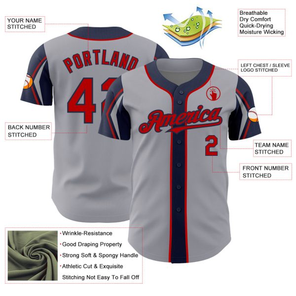 Custom Gray Red-Navy 3 Colors Arm Shapes Authentic Baseball Jersey - Image 4