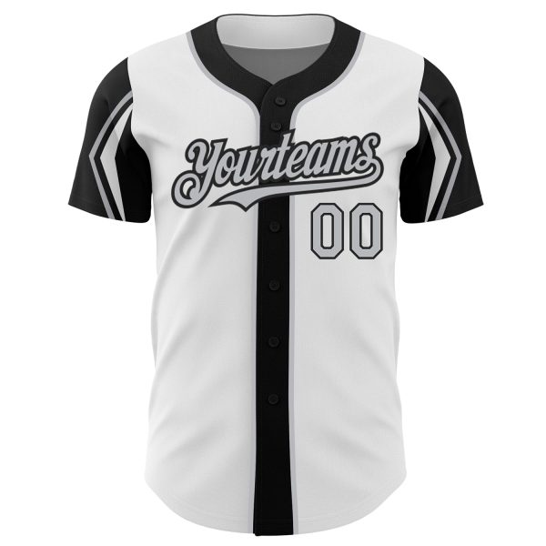 Custom White Gray-Black 3 Colors Arm Shapes Authentic Baseball Jersey - Image 3