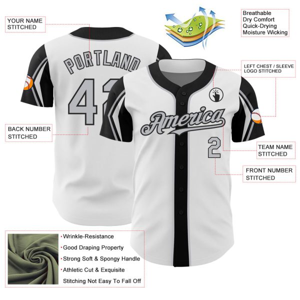 Custom White Gray-Black 3 Colors Arm Shapes Authentic Baseball Jersey - Image 4