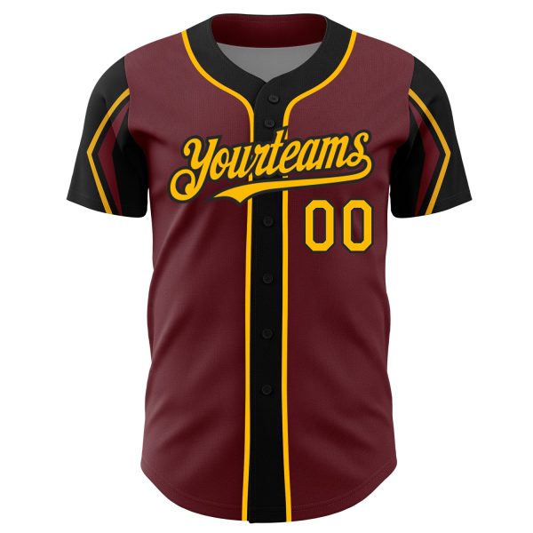 Custom Burgundy Gold-Black 3 Colors Arm Shapes Authentic Baseball Jersey - Image 3