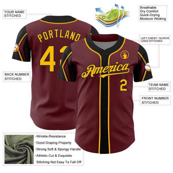 Custom Burgundy Gold-Black 3 Colors Arm Shapes Authentic Baseball Jersey - Image 4