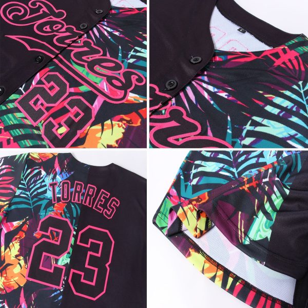 Custom Black Black-Pink 3D Pattern Design Tropical Palm Leaves Authentic Baseball Jersey - Image 6
