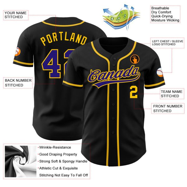 Custom Black Dark Purple-Gold Authentic Baseball Jersey - Image 3