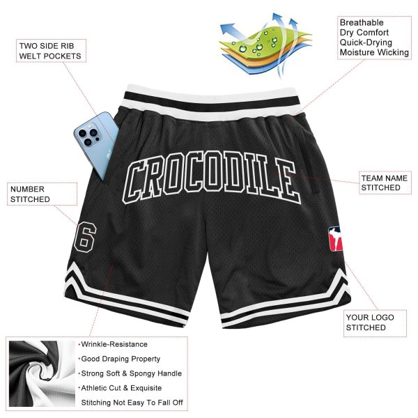 Custom Black Black-White Authentic Throwback Basketball Shorts - Image 2