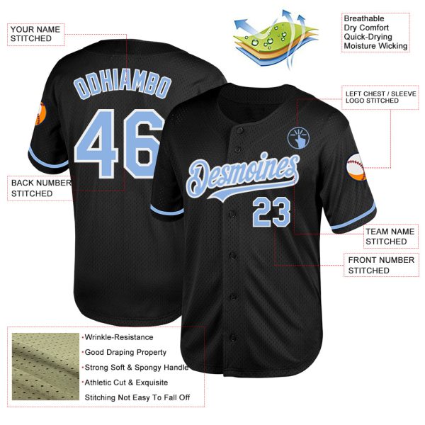 Custom Black Light Blue-White Mesh Authentic Throwback Baseball Jersey - Image 3