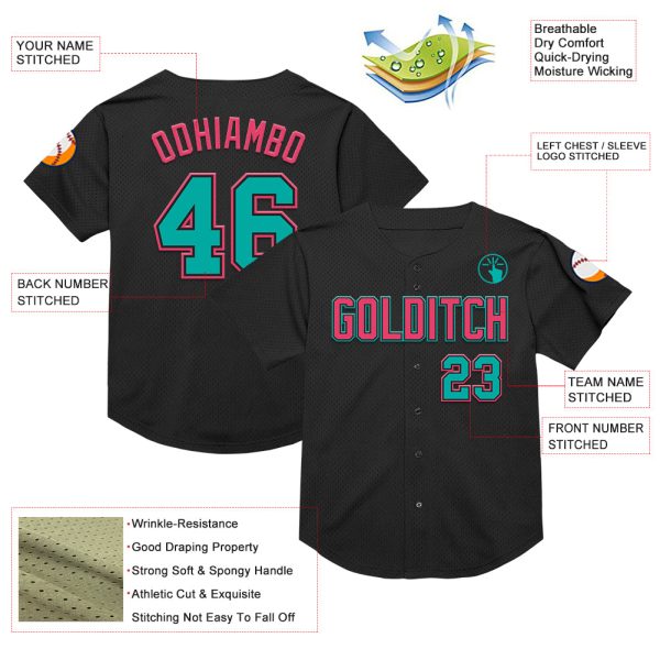 Custom Black Aqua-Neon Pink Mesh Authentic Throwback Baseball Jersey - Image 3