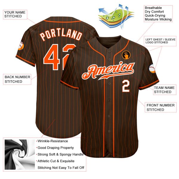 Custom Brown Orange Pinstripe Orange-White Authentic Baseball Jersey - Image 3
