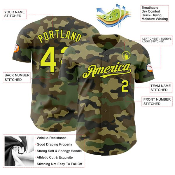 Custom Camo Neon Yellow-Black Authentic Salute To Service Baseball Jersey - Image 3