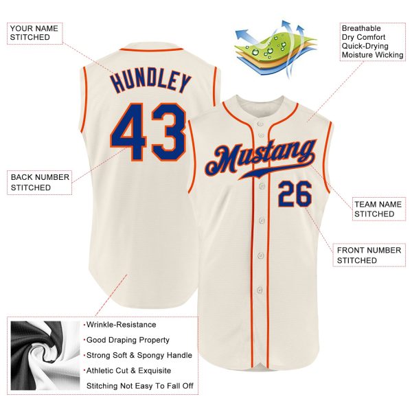 Custom Cream Royal-Orange Authentic Sleeveless Baseball Jersey - Image 2