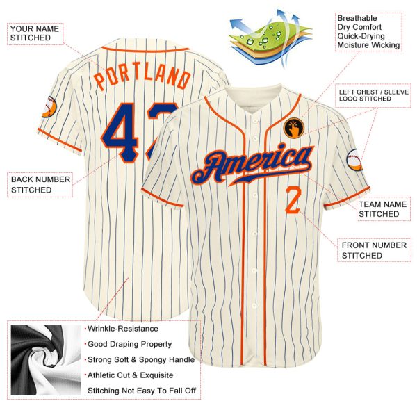 Custom Cream Royal Pinstripe Royal-Orange Authentic Baseball Jersey - Image 3