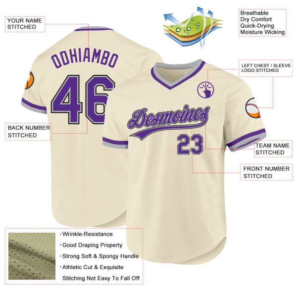 Custom Cream Purple Gray-Black Authentic Throwback Baseball Jersey - Image 3